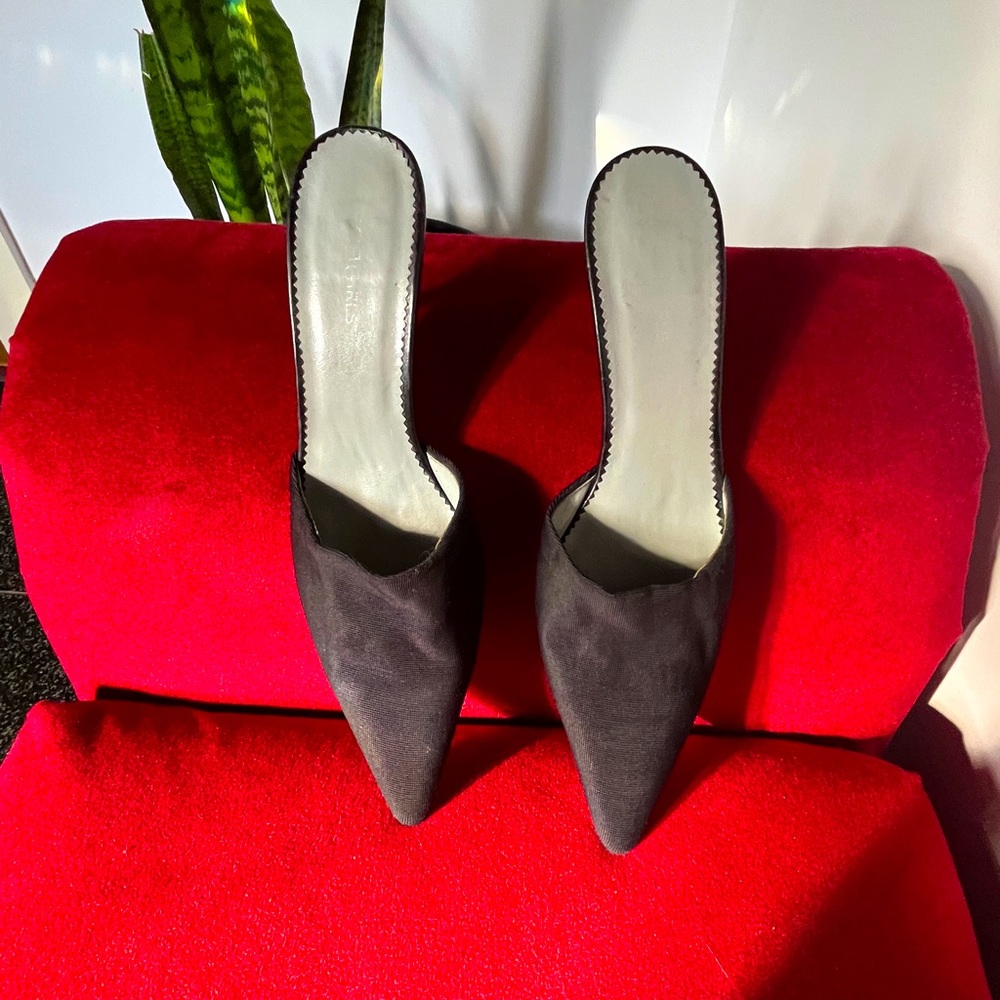 BCBG Girl- Black microfiber pointed toe kitten heel mule an inch and half heel